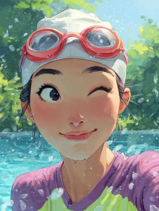 Young Asian Woman in Swim Cap and Goggles