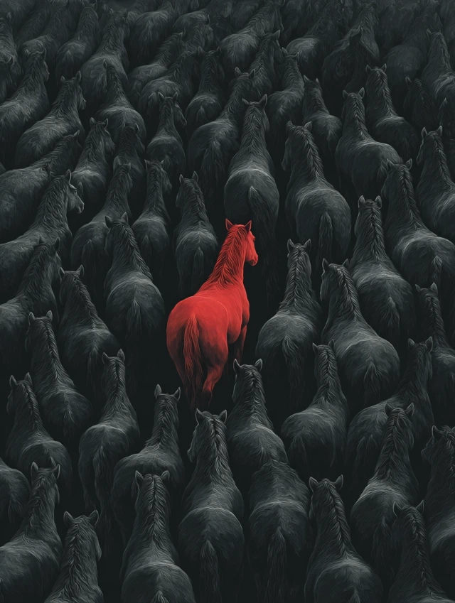 Red Horse in a Herd of Black Horses Art Print