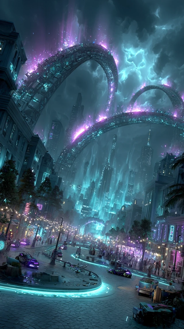 Cyberpunk Racetrack Above a Neon City Skyline