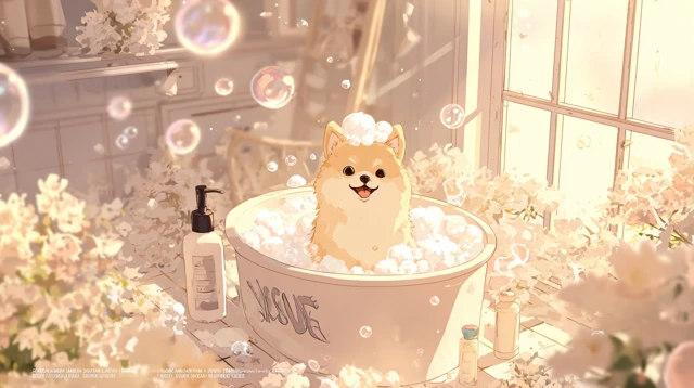 Happy Pomeranian Bath Time Cute Bathroom Scene