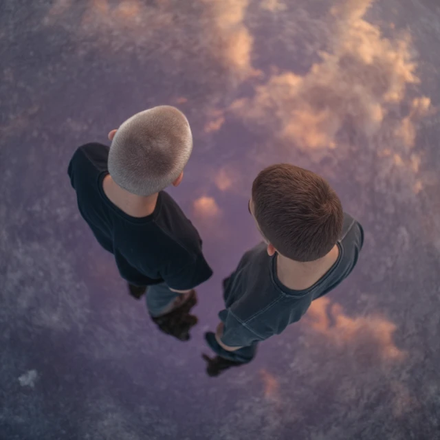 Aerial View Men Mirror Reflection Landscape
