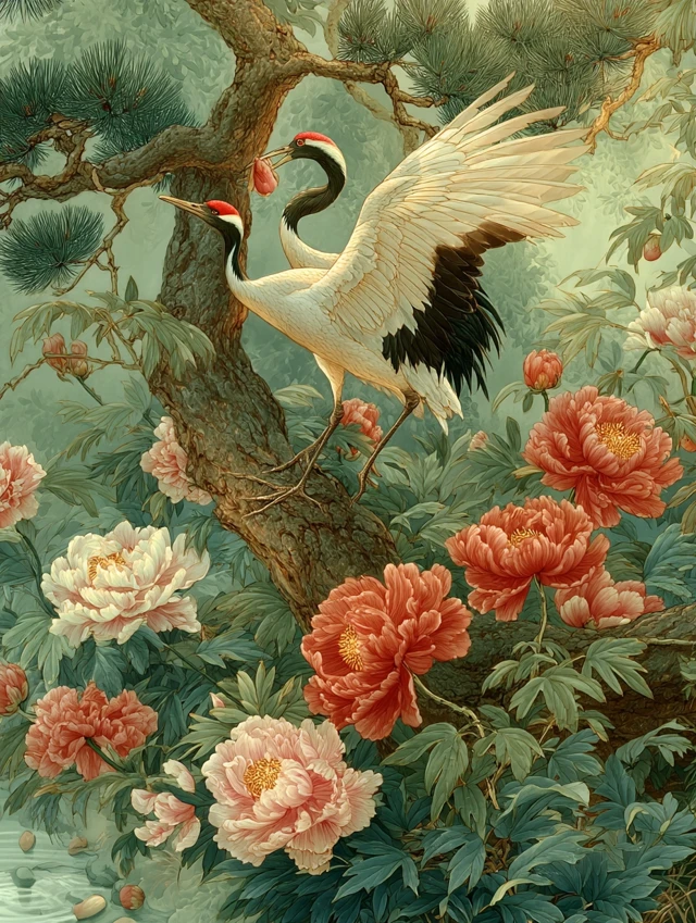 Red Crowned Cranes Romantic Watercolor Painting