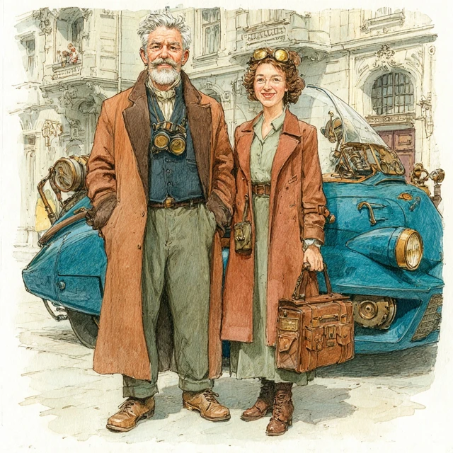 Steampunk Couple Illustration Futuristic City Colored Pencils