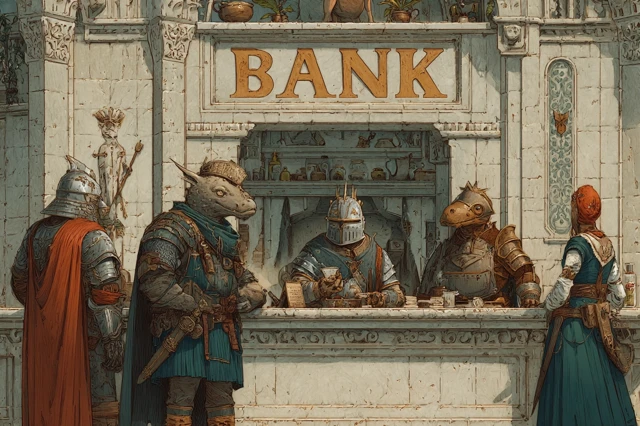 Medieval Fantasy Bank Sunny Day Illustration