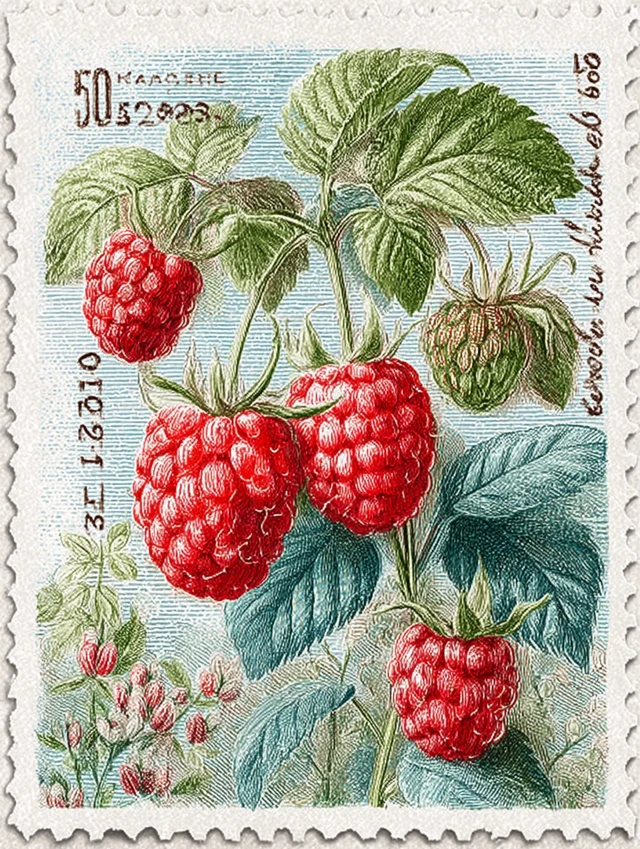 Raspberry Postage Stamp Art Retro Illustration