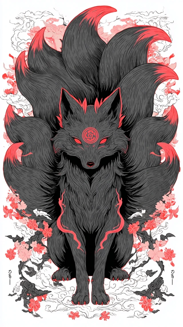 Kitsune Art: Divine Nine-Tailed Fox in Ukiyo-e Anime Style