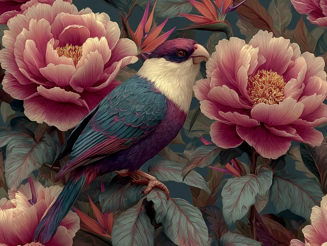 Peony Floral Pattern with Birds Hand Painted Design
