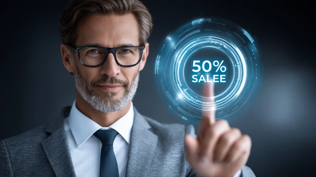 Businessman Pointing at Discount Icon on Screen