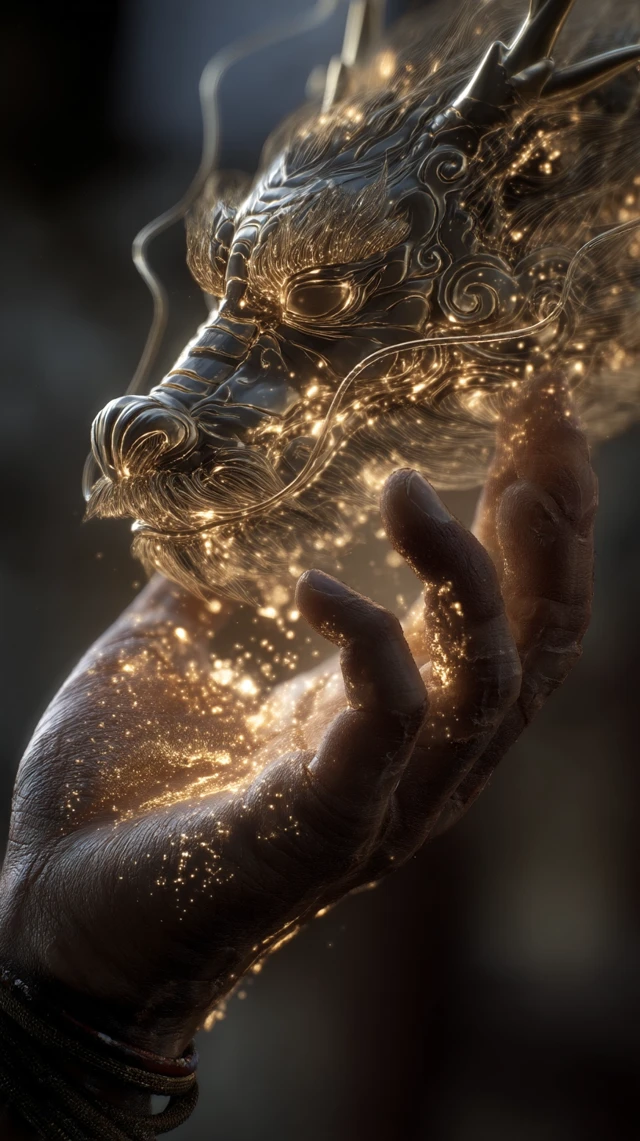 Golden Dragon Head Emerging From Hand Eastern Art