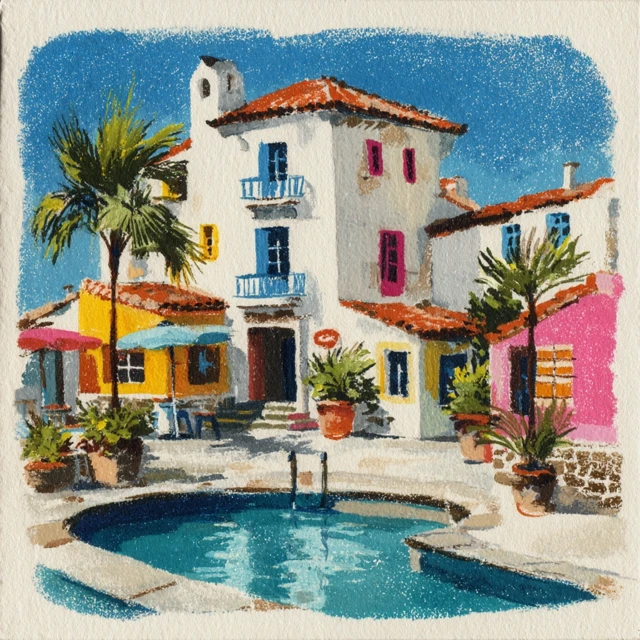 Hotel and Pool Crayon Drawing