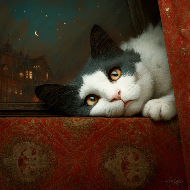 Good Night from a Cute Cat Painting
