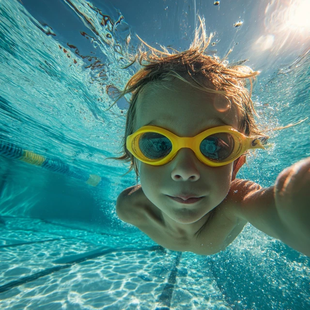 Underwater Photo Child in Yellow Goggles Swimming