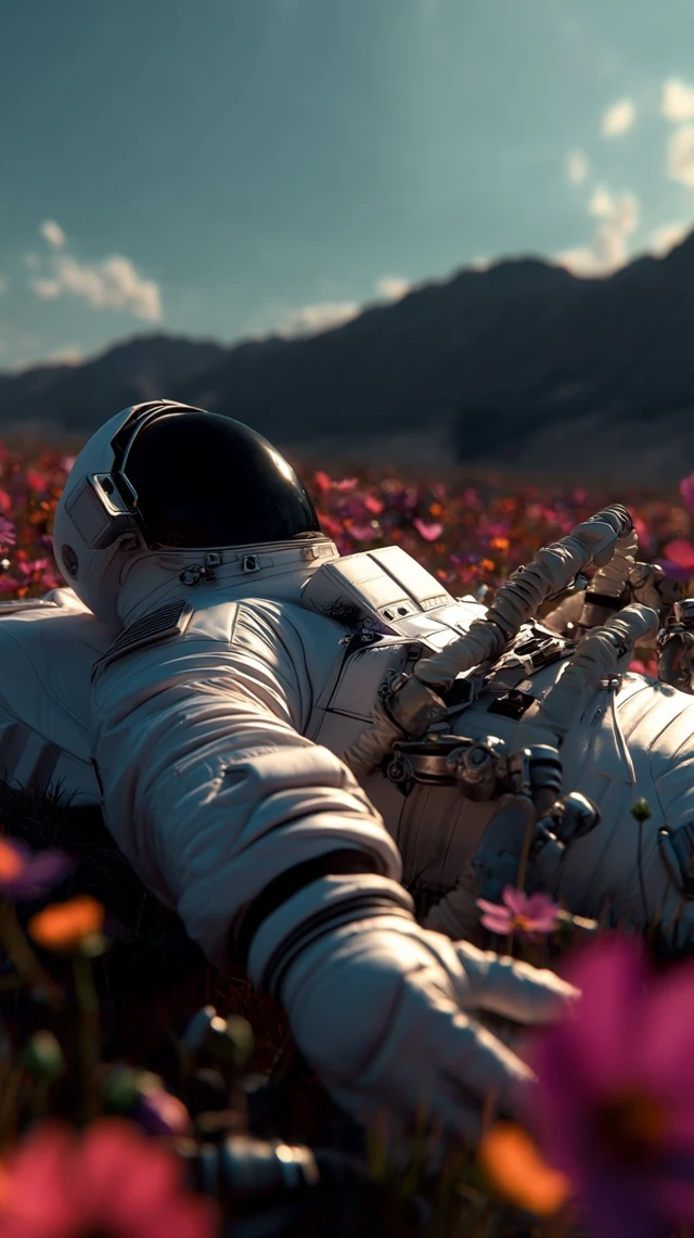 Astronaut in Meadow Golden Hour