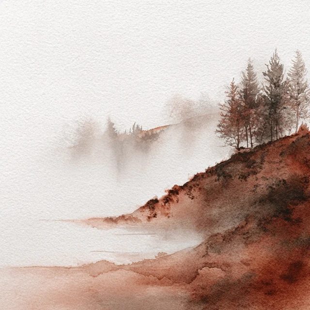 Foggy Watercolor Landscape Hometown Scene