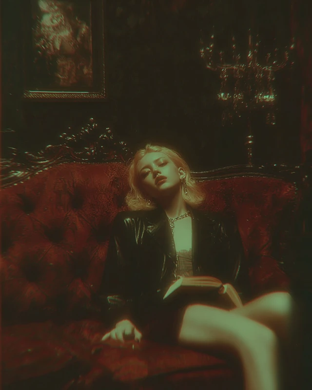 Luxury Photography Blonde Model Red Velvet Black Leather