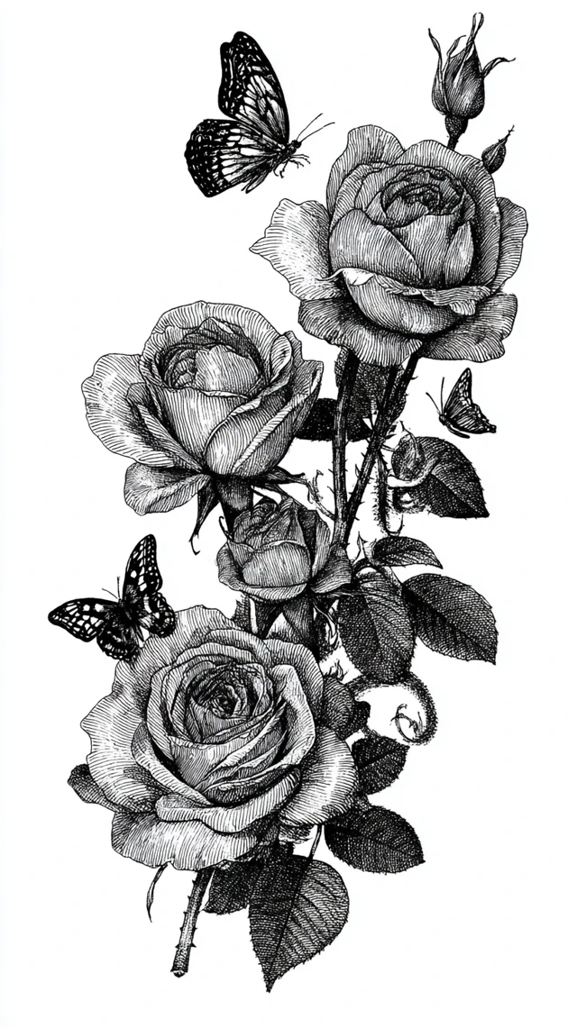 Elegant Roses and Butterflies Black Ink Illustration