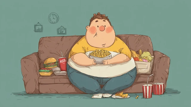 Cartoon of an Overweight Person Eating Junk Food on a Couch