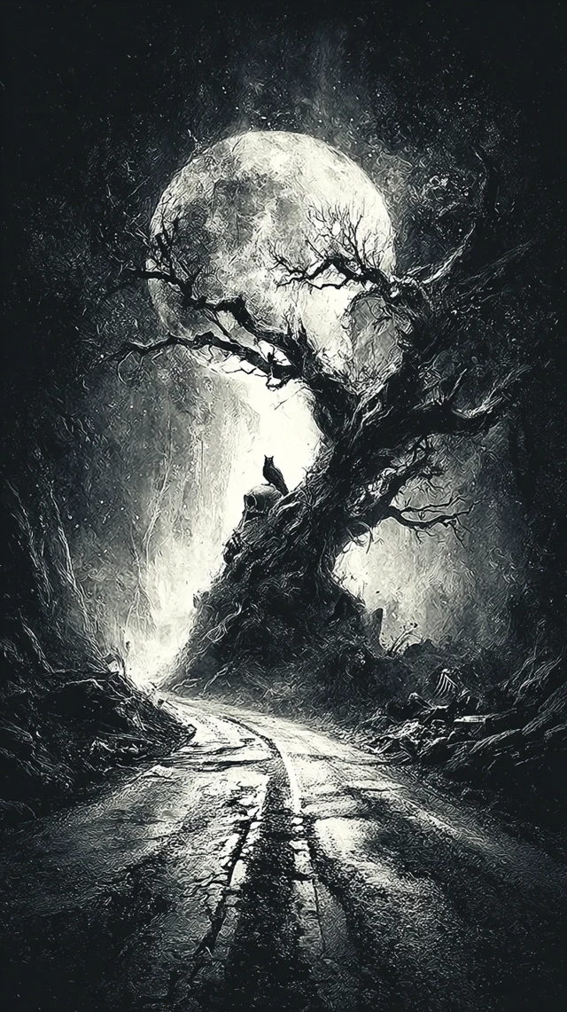 Eerie Road at Night Spooky Wolf Skeleton