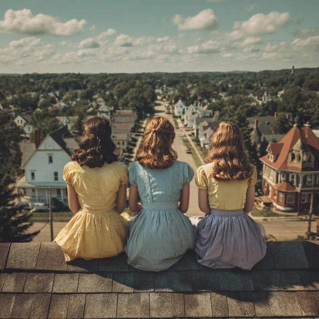 1940s Girls on a Rooftop Overlooking Town