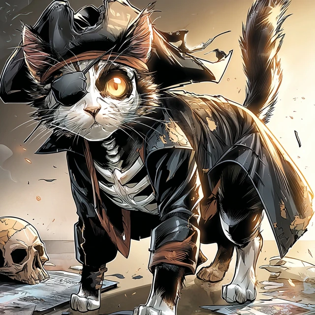 Pirate Cat Half Skeletal with Captains Hat