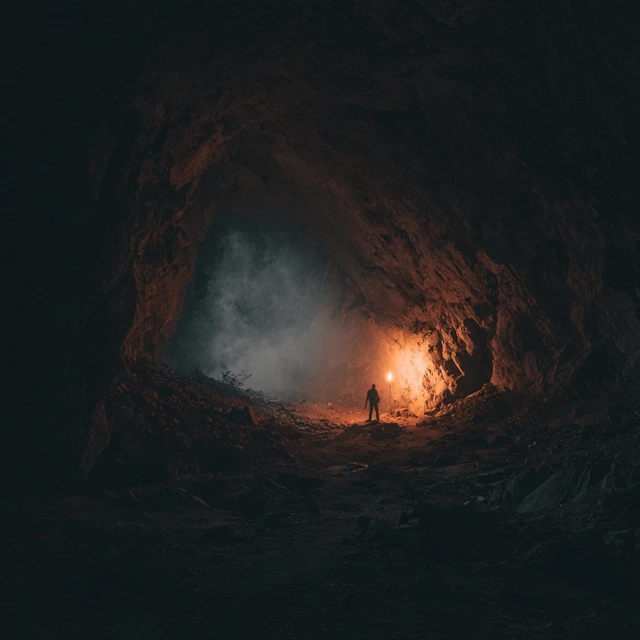 Dark Cave Exploration Torchlit Man