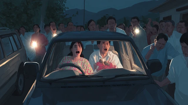 Nighttime Scene Tense Crowd SUV Illustration