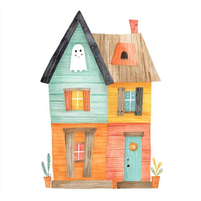 Haunted House Watercolor Illustration Halloween Spooky
