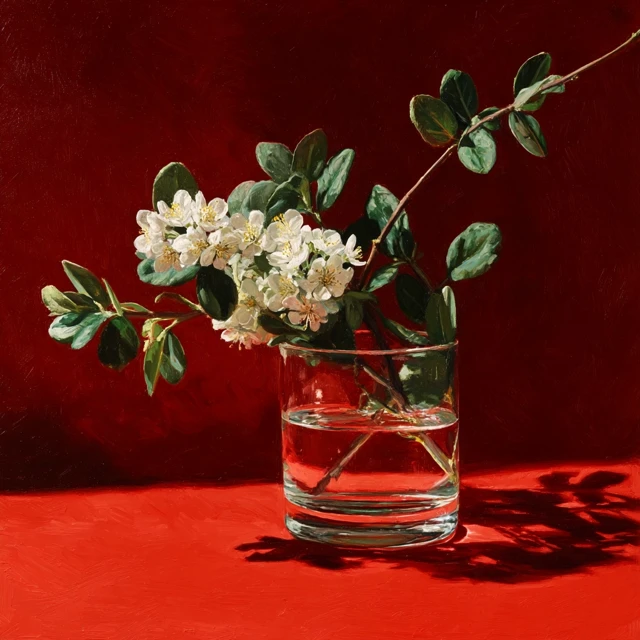 Still Life White Flowers in Glass Tumbler Red Background