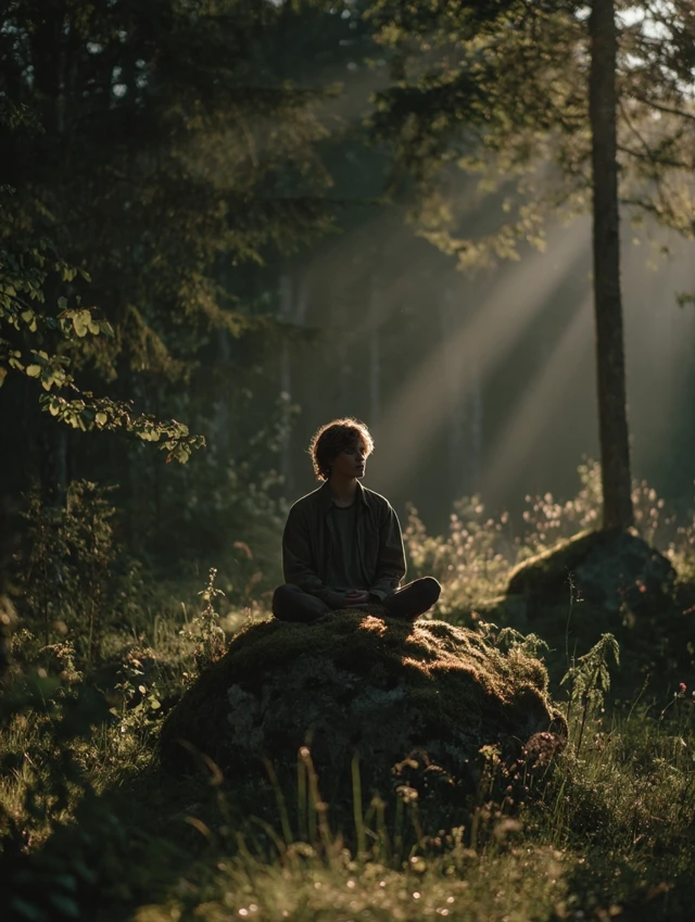 Man Meditating in Forest Clearing: Nature Healing