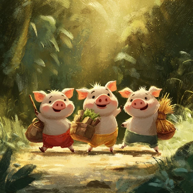 Three Little Piglets in the Forest Storybook Illustration