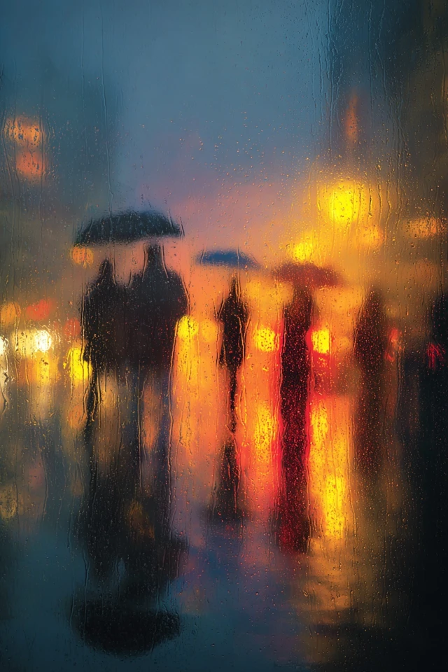 Rainy Street Scene Silhouettes Impressionist Art