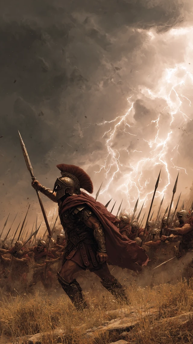Spartan King Leads Charge in Thunderstorm Epic Scene