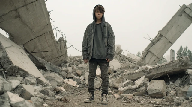 Boy in Ruined City Cinematic Portrait