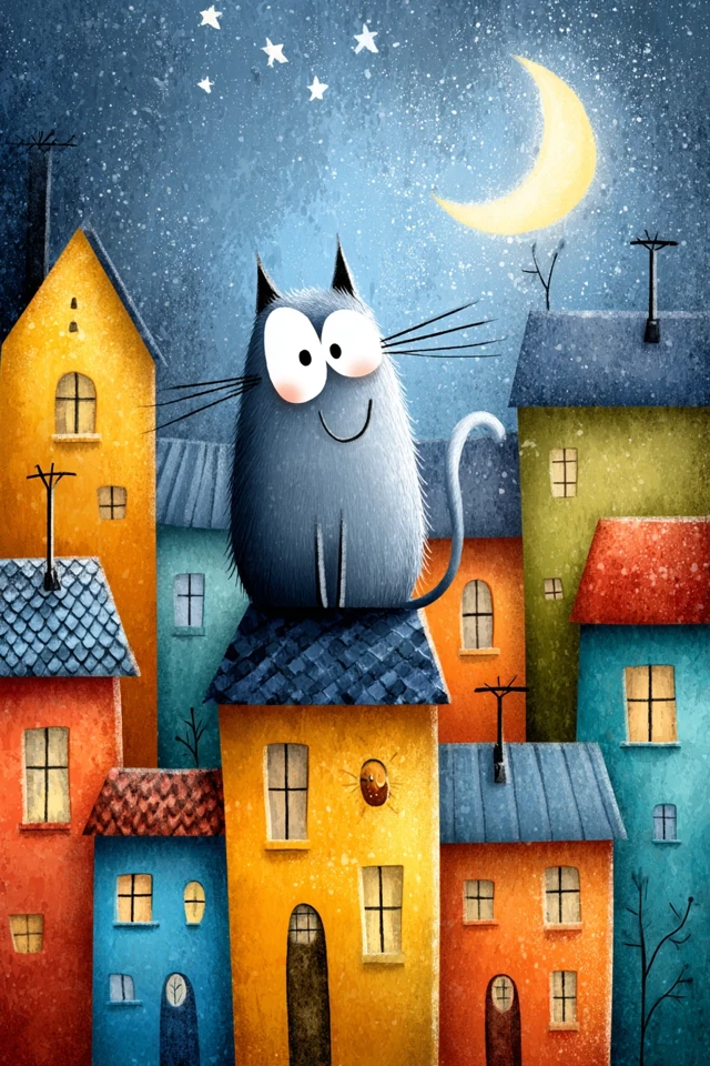 Cute Cat on Rooftop Cartoon Night Scene