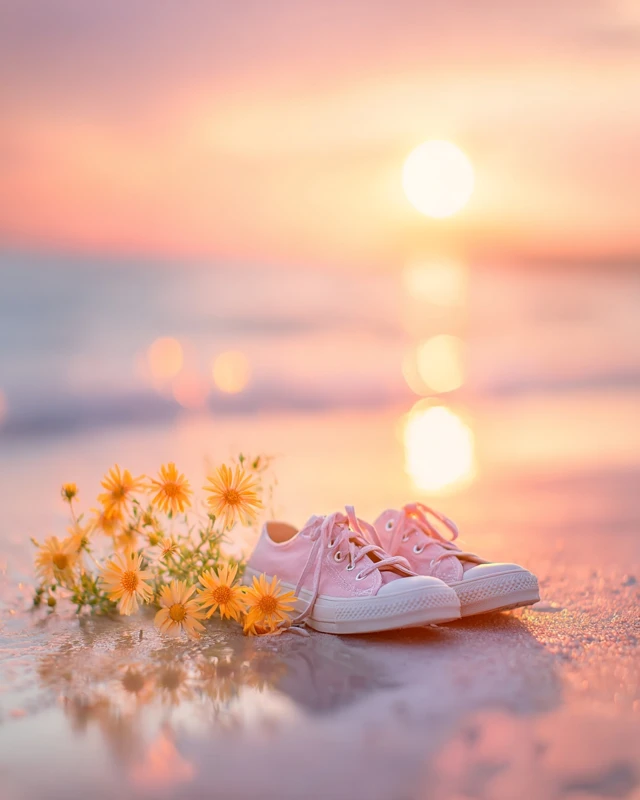 Sunrise Beach with Shoes and Flowers