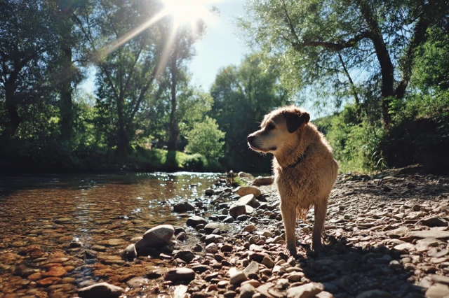 Dog by Stream Sunny Day Nature Photography