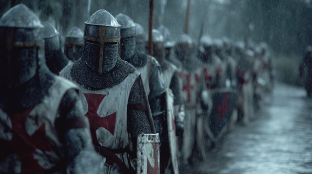 Templar Knights Marching in the Rain Cinematic Scene