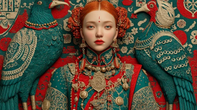 Red-haired Girl and Birds in Ancient China, McQueen Style