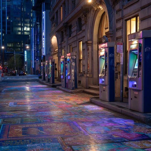 Neon Lit City Street with ATMs Futuristic Scene