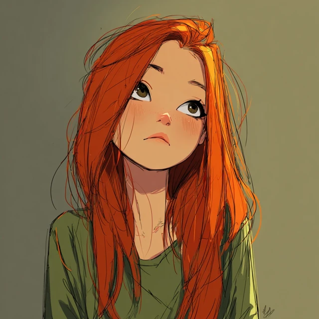 Anime Girl Ginger Hair Sad Expression