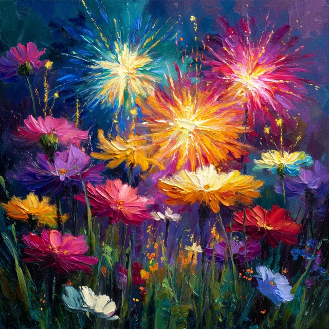 Fireworks and Flowers A Vibrant Oil Painting