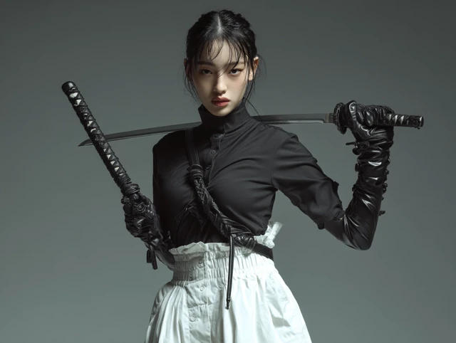 Japanese Female Martial Artist with Sword in Close Up Shot