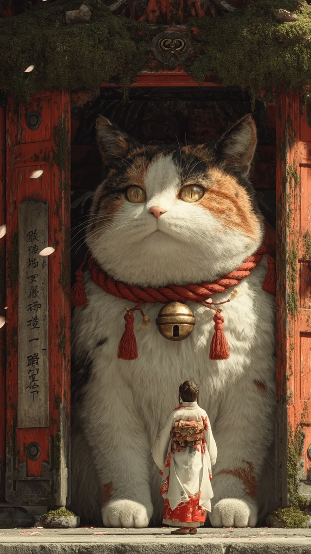 Giant Cat in Shrine Japanese Bobtail Art