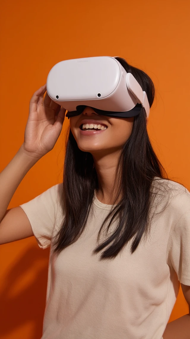 Asian Girl with VR Glasses Smiling