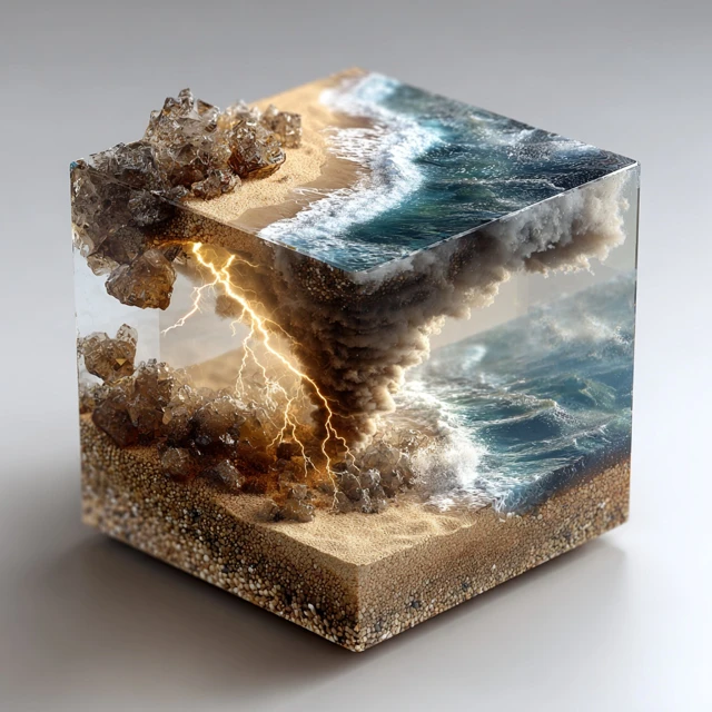 Tornado with Lightning in a Cube Ocean Waves and Sand