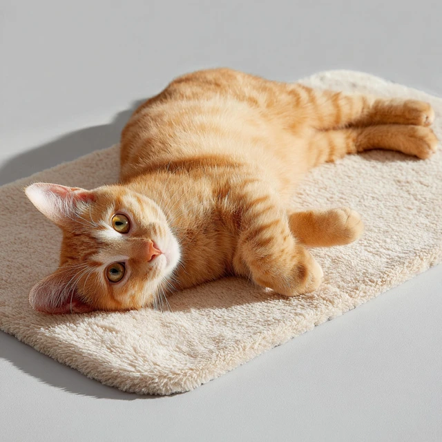 Cute Orange Cat on a Soft Cat Mat High Definition Photo