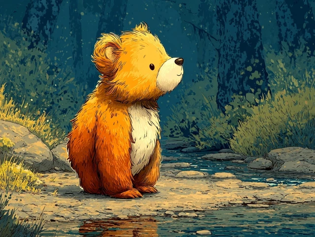 Cute Bear Cub by a Stream Illustration