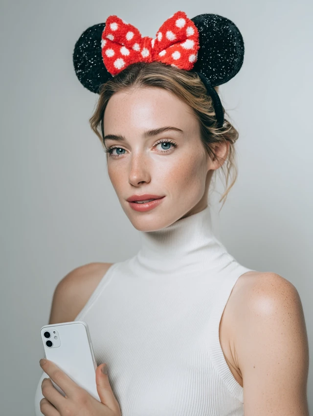 Cute Woman with iPhone Minnie Mouse Headband Studio Photo