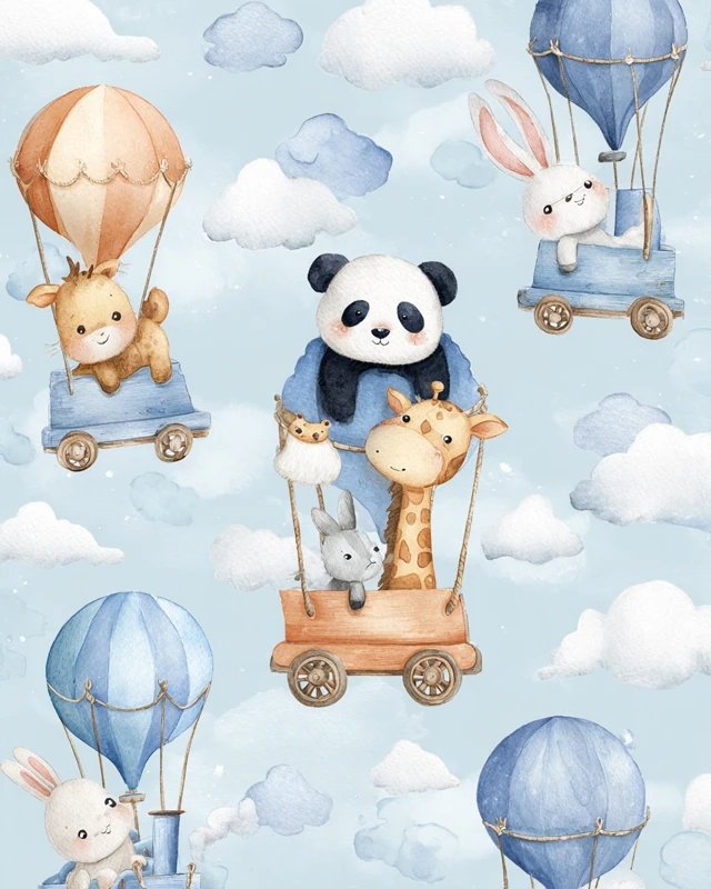 Cute Animal Hot Air Balloons Watercolor Wallpaper