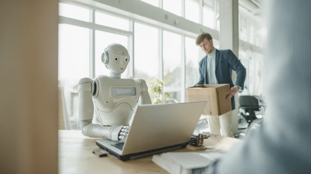 Robot and Fired Employee Modern Office Scene